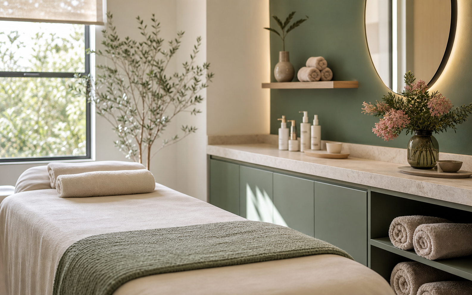Calm beauty-care studio room with soft daylight